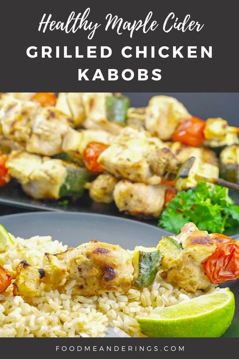 These unique Healthy Maple Cider Grilled Chicken Kabobs are Weight Watchers friendly at 3 WW points on the blue plan. Made with zucchini, cherry tomatoes, mushroom and apples are marinated in a zingy maple cider marinade for a unique flavor! Yogurt Chicken Kabobs, Easy Chicken Kabobs, Marinated Chicken Kabobs, Chicken Kabob Marinade, Greek Chicken Kabobs, Greek Marinated Chicken, Grilled Chicken Kabobs, Healthy Grilled, Greek Yogurt Chicken