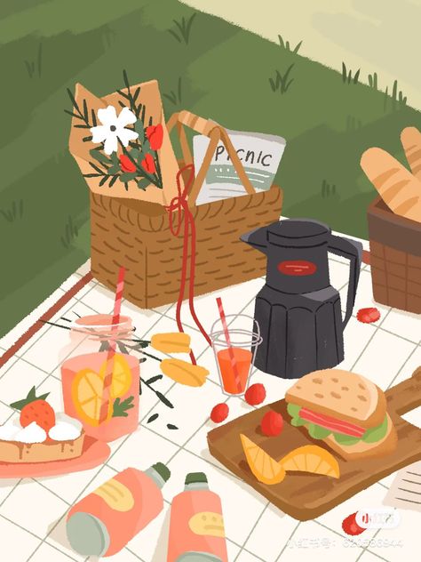 Picnic Cartoon, Picnic Poster, Illustration Styles Inspiration, Picnic Art, Picnic Drawing, Picnic Illustration, Picnic Illustration Art, Picnic Art Illustration, Cute Picnic Illustration