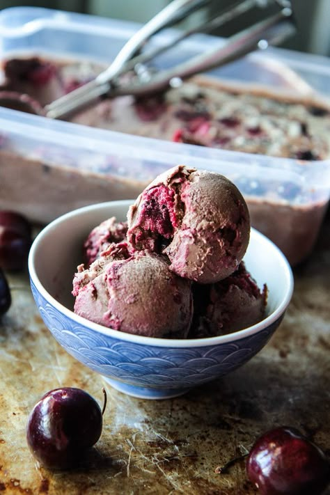 Vegan Chocolate Tahini Cherry Chunk Ice Cream - Heather Christo Chocolate Cherry Ice Cream, Chocolate Tahini, Vegetarian Treats, Pumpkin Pie Ice Cream, Vegan Ice Cream Recipe, Fro Yo, Cherry Ice Cream, Ice Cream Yogurt, Ice Cream Gelato