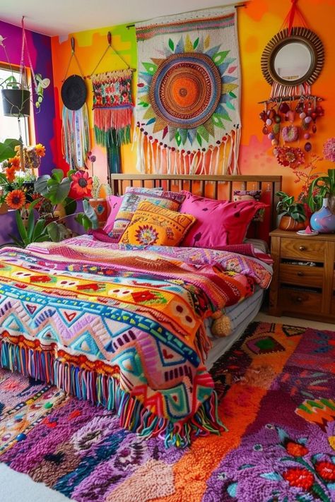 Eclectic Boho Bedroom, Inspiration Wall Art, Cozy Textiles, Hippie House, Funky House, Summer Room, Boho Ideas, Boho Colors, Boho Inspo