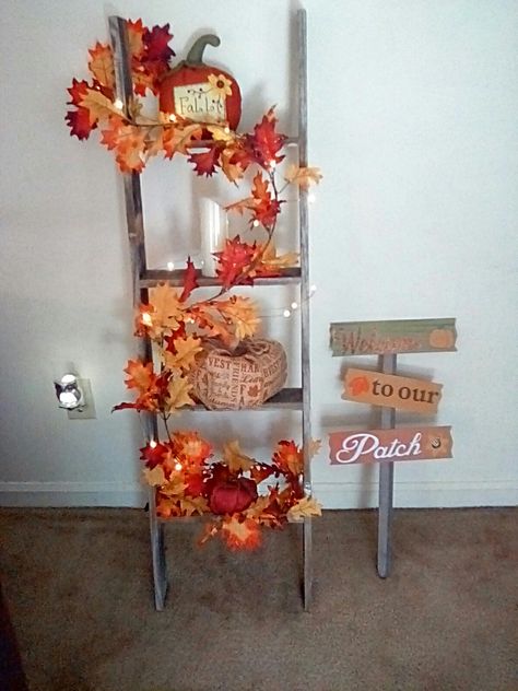 Ladder fall decor 2018 Ladder Halloween Decor, Ladder Fall Decor, Ladder Decor Ideas Living Room, Fall Decorations For Apartment, Fall Blanket Ladder Decor, Fall Ladder Decor, Fall Ladder Decor Ideas, Ladder Decor Ideas, Autumn Decorations Indoor