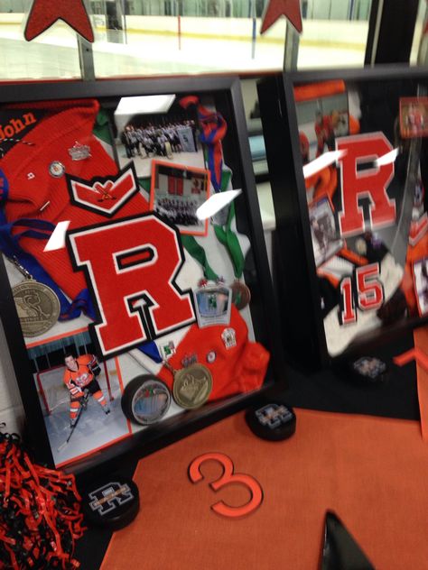 Boys senior year, sport. Parents were asked to take several items to use for the shadow box display. Hockey Sports Shadow Box Ideas High Schools, Hockey Shadow Box Ideas, Sports Shadow Box Ideas, Senior Boards, Sports Shadow Boxes, Sports Pictures Display, Awards Display, Senior Announcements, Shadow Box Ideas