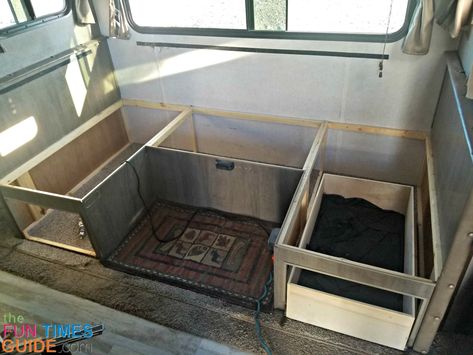 DIY RV DINETTE REPLACEMENT: The dinette is a piece of RV furniture that I don't use - so I removed it! See how I did this RV dinette replacement myself and put a comfy recliner in its place. Camper Dinette Replacement, Fifth Wheel Dinette Remodel, Dinette Rv Remodel, Diy Rv Furniture Ideas, Camper Renovation Dinette, Travel Trailer Dinette Makeover, Replacing Dinette In Camper, Removing Camper Dinette, Camper Living Outdoor Space