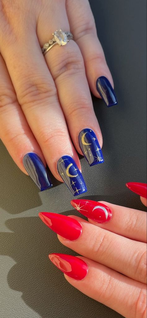 Midnights midnight nails navy nails red nails moon nails star nails Navy Blue And Red Nails, Navy And Red Nails, Blue And Red Nails, Midnight Nails, Nails Moon, Nails Navy, Nails Star, Red And Gold Nails, Dark Blue Nails