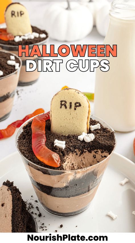 Dirt Cups Jello Dirt Cups, Halloween Tiramisu, Easy Dirt Cups, Halloween Pudding Cups, Halloween Dirt Pudding, Halloween Dirt Cups, Halloween Dirt, Chocolate Dirt, Chocolate Pudding Cups