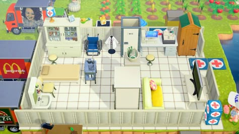 Hospital clinic, ACNH, design ideas, medical clinic Animal Crossing Hospital Design Codes, Acnh Medical Clinic, Acnh Hospital Design Codes, Acnh Hospital Patient Ward, Acnh Doctor Office, Acnh Hospital Design, Animal Crossing Hospital Ideas, Acnh Hospital Ideas, Animal Crossing Hospital