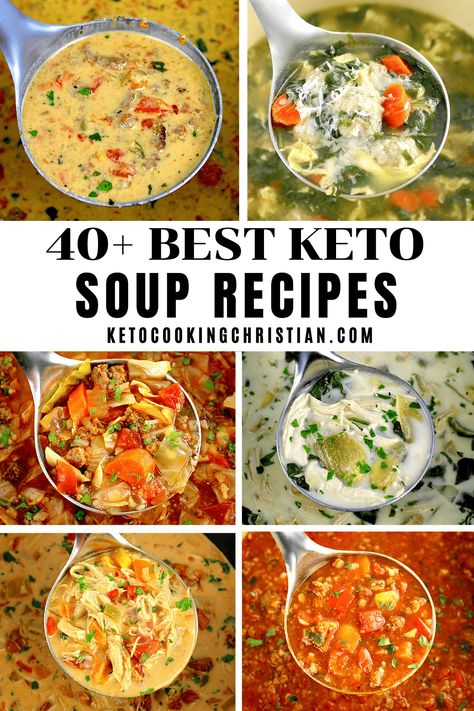 40+ Best Keto Soup Recipes There is nothing like a piping hot bowl of soup to warm you up in cold weather!  These are 40 of the best Keto friendly soup recipes that are hearty, loaded with flavor and satisfying! #ketosouprecipes #ketosoups #lowcarbsoup Pizza Soup Recipe, Mediterranean Soup, Keto Entrees, Low Carb Vegetable Soup, Shepherd Pie, Keto Soup Recipes, Keto Chicken Soup, Gourmet Soup, Cream Of Asparagus Soup