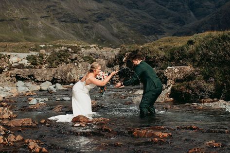 Wedding Couple splashing in the Fairy Pools on the Isle of Skye Island Of Skye, Scotland Elopement, Romantic Elopement, Fairy Pools, Elopement Wedding Photography, Free Backgrounds, The Isle Of Skye, Skye Scotland, Small Intimate Wedding