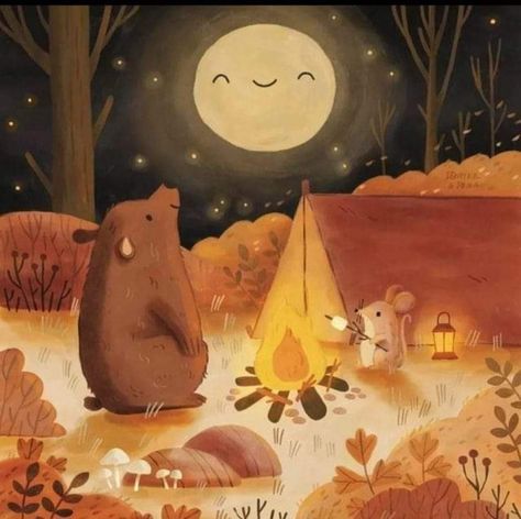 October Drawing Challenge, Maus Illustration, Forest Drawing, Autumn Illustration, Bear Illustration, Camping Art, Whimsical Illustration, Childrens Illustrations, Drawing Challenge