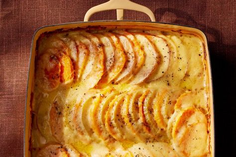 Sweet Potato-Apple Gratin with Gruyère Sweet Potato Gratin Recipes, Sweet Potato Gratin Gruyere, Apple And Cheese, Thanksgiving Sweet Potato Recipes, Cheese Gratin, Sweet Potato Apple, Brunch Salad, Gluten Free Recipes Side Dishes, Sweet Potato Gratin