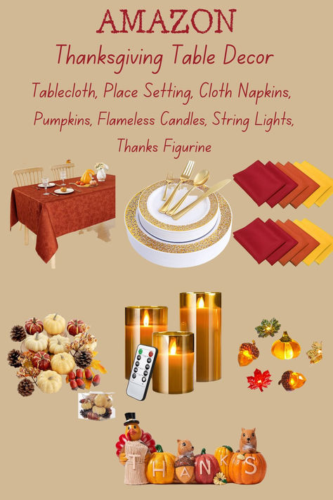 This Thanksgiving, make your table decor the focal point with a tablecloth, place setting, cloth napkins, flameless candles, string lights, pumpkins, and a Thanks figurine. "As an Amazon Influencer, I earn from qualifying purchases" If you click on my affiliate link and make a purchase, I will receive a small commission at no extra cost to you. Small Table Decor, Thanksgiving Dinner Decor, Thanksgiving Sweet Treats, Thanksgiving Table Decor, Rustic Table Decor, Amazon Influencer, Holiday Table Settings, Thanksgiving Diy, Autumn Table