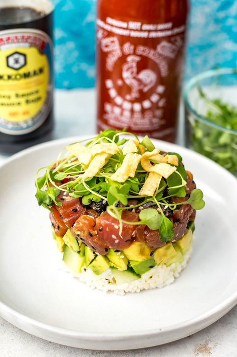 Ahi Tuna Sushi Stacks (Cactus Club Copycat) Tuna Stack Recipe, Poke Stack, Ahi Tuna Poke Bowl Recipe, Ahi Tuna Sushi, Stack Recipes, Sushi Stacks Recipe, Sushi Stack, Ahi Tuna Poke Bowl, Sushi Stacks