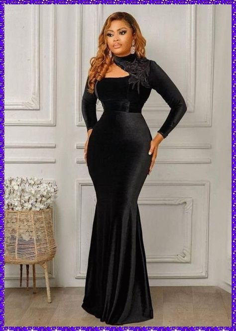 Black Dinner Gown, Dinner Gowns Classy Style, Lace Gown Styles Aso Ebi, Dress Classy Elegant, Black Dinner Dress, Black Velvet Gown, Dinner Gowns, Dinner Gown, Classy Gowns