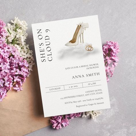 $2.09 | On cloud 9 Bridal Shower Modern Minimalist - couples shower, wedding shower, engagement party, brunch and bubbly, modern, minimalist, she's on cloud nine, on cloud 9 bridal shower, white heels cloud rings, dreamy bridal shower On Cloud 9 Bridal Shower, Modern Minimalist Invitation, Bridal Shower Modern, Bachelorette Inspo, Bridal Shower Brunch Invitations, Shower Modern, Bridal Shower Wine, Minimalist Invitation, Modern Bridal Shower