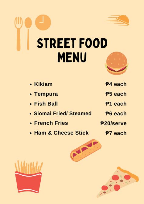 Street Food Menu Street Food Menu Design Ideas, Street Food Menu Design, Street Food Business, Street Food Design, Filipino Street Food, Pop Up Cafe, Food Business Ideas, Coffee Shop Business, Menu Layout