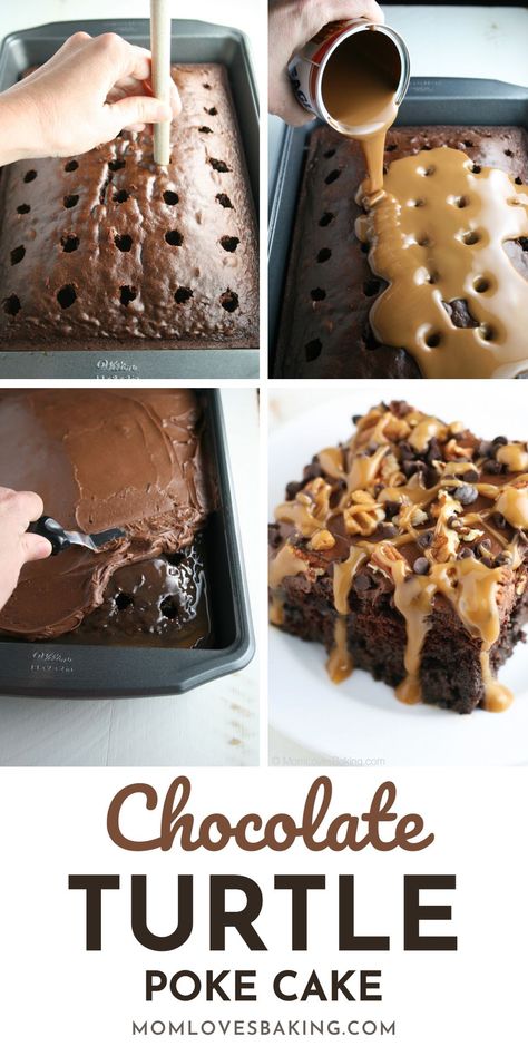 Pecan Turtle Cake, Chocolate Turtle Poke Cake Recipe, Gooey Caramel Turtle Poke Cake, Chocolate Cake Poke Recipe, Carmel Poke Cakes, Carmel Turtle Poke Cake, Easy Turtle Cake, Brownie Poke Cake, Coffee Poke Cake