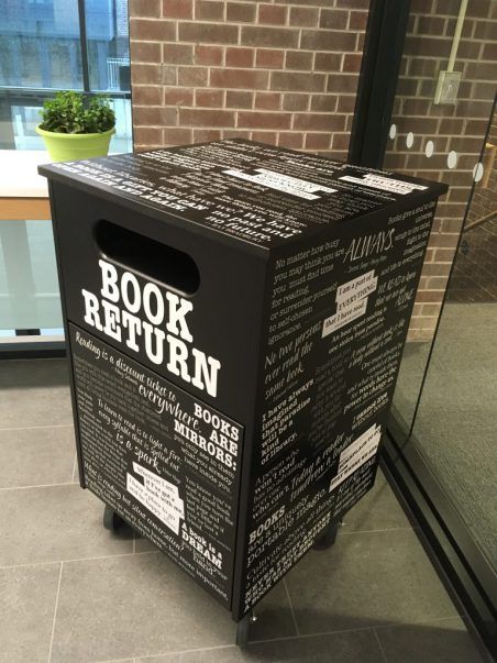 bookdrop Library Book Drop Ideas, School Library Book Return Ideas, Library Book Drop Box Ideas, Diy Library Book Return, Library Book Return Box Cute Ideas, Book Return Box Ideas, Book Drop Ideas Library, Book Return Ideas Library, Library Book Drop Decoration