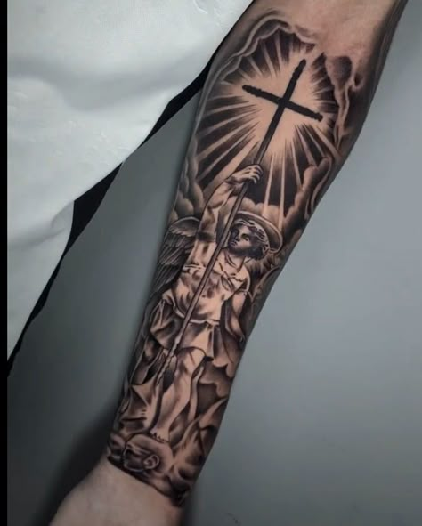 Sistine Chapel Tattoo Sleeve, Cross Upper Arm Tattoo, Guardian Angel Tattoo For Men Forearm, Destined For Greatness Tattoo, Full Forearm Tattoo Men, Quarter Sleeve Tattoo For Men Forearm, St Michael Tattoo Forearm, Quarter Sleeve Tattoo For Men, Jesus Tattoo On Arm