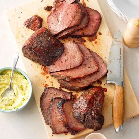 If you're looking for a flavorful cut of meat that's still pretty lean, give this tri-tip steak recipe a try. I like to cook it slowly over indirect heat, mopping it frequently with red wine sauce. —James Schend, Pleasant Prairie, Wisconsin Top Roast, Beef Sirloin Tip Roast, Grilled Sirloin, Tip Roast, Sirloin Tip Roast, Sirloin Roast, Grilled Roast, Grilled Foods, Sirloin Tips