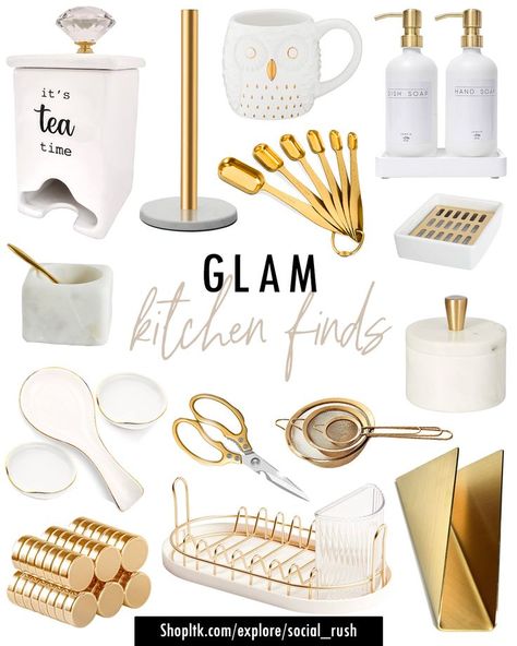 Glam Kitchen Ideas, Glam Home Decor Ideas, White & Gold Kitchen, White Kitchen with Gold Accents Glam Kitchen Ideas, White Kitchen With Gold Accents, Kitchen Soap Dispenser Ideas, Home Decor Ideas White, Glam Home Decor Ideas, Kitchen With Gold Accents, White Gold Kitchen, Gold Kitchen Utensils, Glam Home Decor