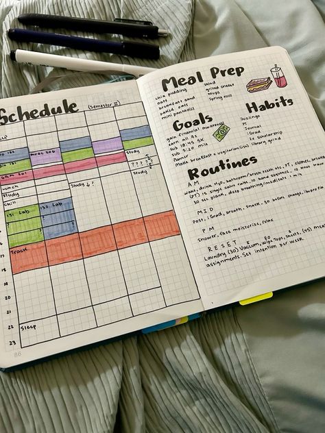 Academic bullet journal planner weekly schedule with semester meal prep, goals, habits and routines dailyplannerideas #weekly_student_planner #digitalplannergoodnotestemplate📒 Academic Bullet Journal, Study Calendar, Weekly Academic Planner, Time Management Printable, Student Weekly Planner, College Schedule, Life Raft, Habits And Routines, Academic Diary