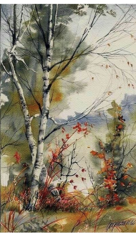 Tree Watercolor Painting, Birch Tree Art, Abstract Tree Painting, Trees Painting, Watercolor Art Landscape, Watercolor Paintings Nature, Diy Watercolor Painting, Watercolour Inspiration, Landscape Art Painting