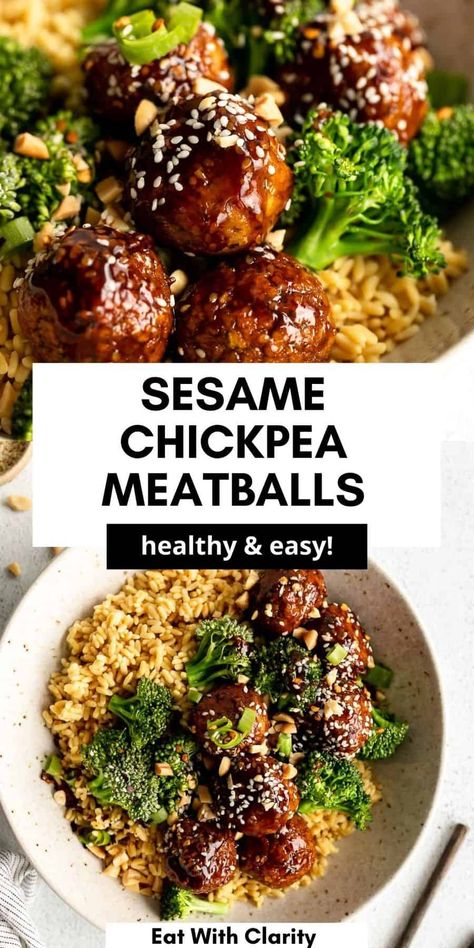 These vegan and vegetarian sesame chickpea meatballs are the best meal prep recipe. These baked vegan meatballs are so healthy and coated in a sticky sesame sauce. This recipe is perfect to meal prep for a family dinner and are delicious over rice and broccoli. A high protein vegan dinner the whole family will love! Meal Prep Vegetarian Dinner, Vegan Meals With Protein, High Protein Vegetarian Meal Prep Ideas, Protein No Meat Meals, Vegan Lunch Ideas High Protein, Asian Meal Prep Vegetarian, Healthy Meatless Meal Prep, High Protein Healthy Vegetarian Recipes, Easy Meal Prep Vegan