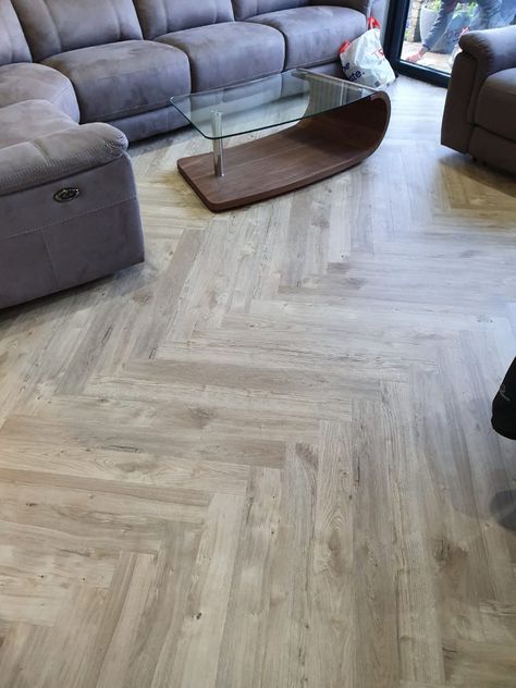 Amtico Sun Bleached Oak installation Amtico Herringbone Floor, Kitchen Playroom, Open Plan Kitchen Dining Living, Amtico Flooring, Herringbone Wood Floor, Herringbone Wood, Open Plan Kitchen Dining, Hallway Flooring, Lvt Flooring