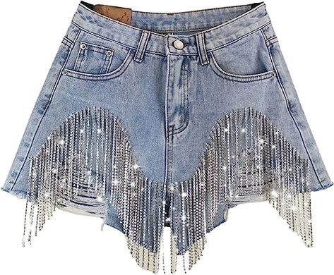 80% Denim Cotton, 20% Polyester Imported Button closure Design: High waist, ripped tassel, jean shorts with rhinestone fringe, bling rhinestone tassel decorated Tassel Shorts, Fest Outfits, Embellished Denim, High Waisted Jean Shorts, Jeans For Short Women, Short Jeans, Shorts Jeans, High Waisted Shorts Denim, Denim Shorts Women