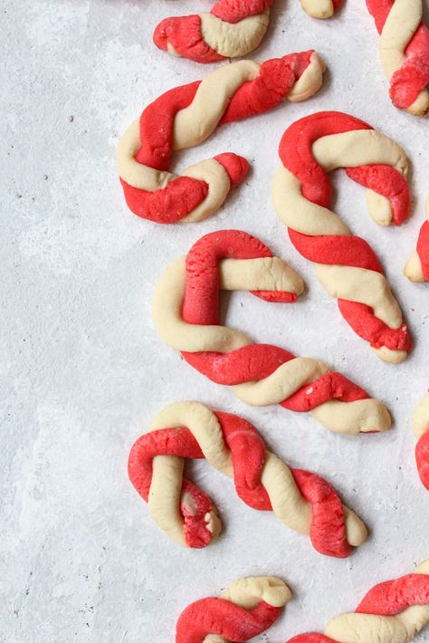 Candy Cane Shortbread Cookies - Sweets by Elise Shortbread Candy Cane Cookies, Candy Cane Shortbread Cookies, Red Food Dye, Cookies Soft, Candy Cane Cookies, Festive Cookies, Shortbread Recipes, Peppermint Cookies, Butter Cookie