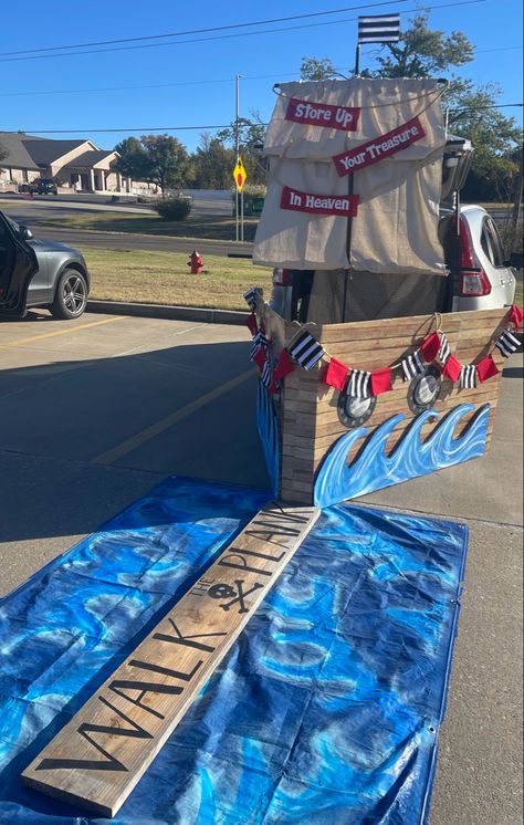 Pirate Boat Trunk Or Treat, Pirate Tent Ideas, Trunk Or Treat Ideas For Trucks Pirate, Pirate Trick Or Trunk Ideas, Deep Sea Trunk Or Treat, Show Box Float Ideas, Pirate Themed Parade Float, Trunk Or Treat Ideas Minivan, Christian Pirate Trunk Or Treat