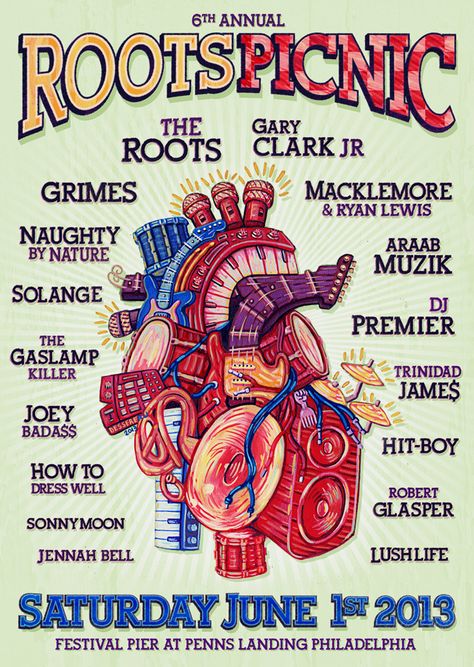 6th Annual Roots Picnic Poster (2013) Roots Picnic, Joey Badass, Hit Boy, Dj Premier, Concert Flyer, Perfect Music, Macklemore, Uk Music, Festival Poster