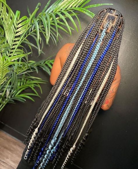 3 Color Box Braids Black Women, Cute Colored Knotless Braids, Blue And Black Small Knotless Braids, Blue Black And Blonde Box Braids, Jumbo Peekaboo Knotless, Large Knotless Braids Hairstyles Color, Cute Color Braids For Black Women, Black Blue And Blonde Knotless Braids, Jumbo Knotless With Color