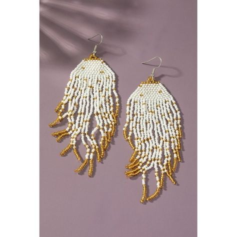 Boho Long Handwoven Seed Bead Tassel Earrings In Cream And Gold. Size: 4.5" Material Composition Miyuki Seedbead Seed Bead Tassel Earrings, Bead Tassel Earrings, Grey Pearl Earrings, Large Pearl Earrings, Anthropologie Earrings, Triple Hoop Earrings, Clover Jewelry, Beaded Fringe Earrings, Beaded Tassel Earrings