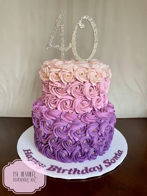 Pink to purple hombré rosettes 2-tier 40th birthday cake Purple And Pink Cake Designs, Purple 40th Birthday Cake, 2 Tier Birthday Cake Ideas, 2 Tier Rosette Cake, Three Tier Cake Birthday, 2 Tier Cake Ideas, Cake For Women Simple, Pink And Purple Birthday Cake, 2 Tier Cake Designs