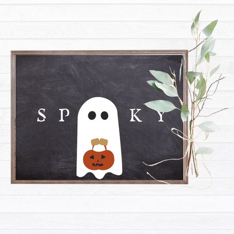 Halloween Spooky Trick or Treat Wall Art Printable Farmhouse Home Decorations All Souls Day Decor Ghost and witch printables Digital Download Tired of the same old boring Halloween decorations? Step up your game with this fun and festive Spooky Halloween Print. This printable landscape wall art features a cute trick-or-treater ghost with a pumpkin basket and the letters "SPKY" (read as spooky) in between. The background is a chalkboard-like texture, making it ideal for home or office decor. Wher Halloween Wreath Ghost, Spooky Houses Halloween, Ghost Signs Halloween, Farmhouse Decor Fall, Halloween Sign Decor, Ghost Chalkboard Art, Halloween Sign Ideas Diy, Toddler Halloween Decorations, Chalkboard Halloween Ideas