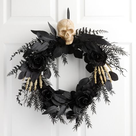 Black Faux Floral and Skeleton Wreath - World Market Diy Wreaths For Front Door Halloween, Goth Porch Decor, Halloween Reefs Front Doors, Black Wreath Halloween, Halloween Wreath Ideas, Creepy Candles, Black Halloween Wreath, Skeleton Wreath, Spooky Wreath