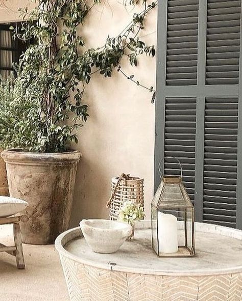 Camilla Falconer on Instagram: "Perfectly imperfect styling … . . #perfectlyimperfect #outdoorliving #shutters #farrowandball #plantpot #lanterns #outdoorstyling #furnituresourcing #photoshoot #shootlocation #interiorstyling #mallorca #portdepollença #balearicislands #spanishinteriors #naturaldesign #mediterranean #slowliving #interiorsourcing #mediterraneandecor #tramuntanamountains #reclaimedpieces #instastyling #instastyle #mallorcahideaway#photoshootlocation #uniquehomestays" Mediterranean Shutters, Outside Paint Colors, Mediterranean Exterior, House Colour, Outside Paint, Riverside Drive, Greek House, Harbour Island, Wooden Shutters