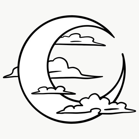 Cloud And Moon Drawing, Moon Drawing Reference, How To Draw A Crescent Moon, Moon Outline Drawing, Moon And Clouds Drawing, Moon Cute Drawing, Moon Easy Drawing, Moon Aesthetic Drawing, Moon Tattoo Crescent