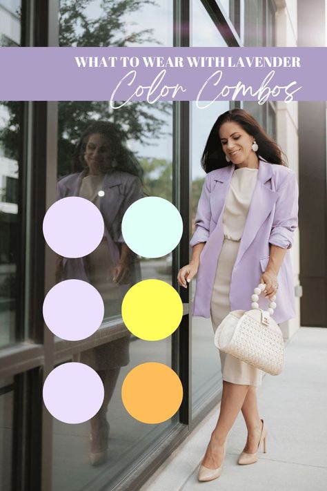 woman in lavender blazer with cream dress and accessories What To Wear With Lavender, Lavender Blazer Outfit, Color Of 2023, Lavender Blazer, Travel Blog Design, Purple Blazer, Blazer Outfits For Women, Timeless Classic Style, Color Pairing