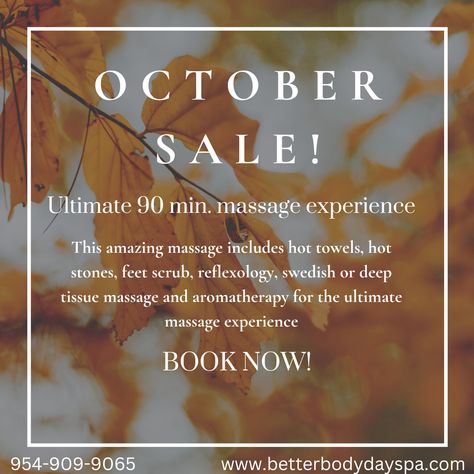 October Spa Specials, October Massage Quotes, Massage Special Offers, Fall Massage Specials, Fall Spa Specials, Massage Facts, Massage Promotion, Massage Business Ideas, Cruise Design