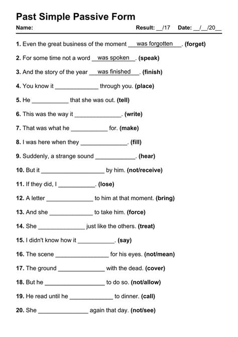 Past Simple Passive Exercises PDF Worksheet with Answers - Test 1 Passive Voice Past Simple Worksheet, Past Simple Passive Worksheet, Passive Voice Worksheet With Answers, Past Passive Worksheet, Passive Grammar, Passive Exercises, Past Simple Tense, Past Tense Worksheet, English Grammar Pdf