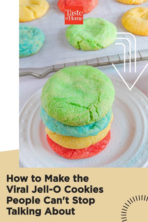 These bright sugar cookies are made with one special ingredient: a box of Jell-O! Cherry Jello Cookies, Jello Cookies Recipe Easy, Hello Cookies, Jello Cookies Recipe, Jello Cookies, Banana Cookie, Colorful Cookies, Viral Recipes, Keylime Pie Recipe