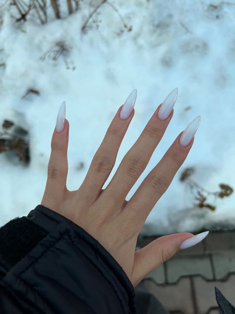 Trending Long Nails, Milky White Almond Nails, Long Oval Nails, White Stiletto Nails, Long Almond Nails, Nyc Nails, Long Almond, White Manicure, Sharp Nails