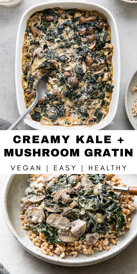 Kale Mushroom Gratin is one of my favorite creamy comfort food dishes. Delicious side filled with kale, mushrooms, vegan cream and topped with an Almond Parmesan! #mushroom #kale #healthyrecipes #veganrecipes #plantbased Vegan Recipes With Kale, Vegan Creamed Kale, Kale Mushrooms Recipes, Good Kale Recipes, Plant Based Kale Recipes, Kale Recipes Vegetarian, Kale Rice Recipes, Mushroom Kale Recipes, Kale And Mushroom Recipes