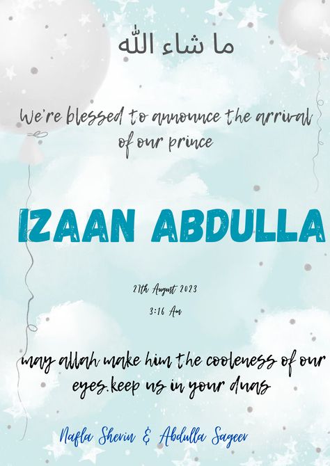 Baby Name Announcement Template, Baby Boy Name Announcement, Baby Album Design, Muslim Names, Islamic Baby Names, Islamic Names, Arabic Baby Names, Baby Birth Announcement Cards, Newborn Quotes