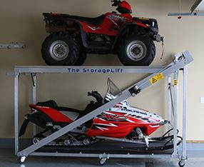 snowmobile/quad storage lift plans. Snowmobile Storage, Snowmobile Lift, Motorcycle Storage Shed, Atv Storage, Garage Cleaning, Storage Lift, Motorcycle Storage, Shed House Plans, Run In Shed