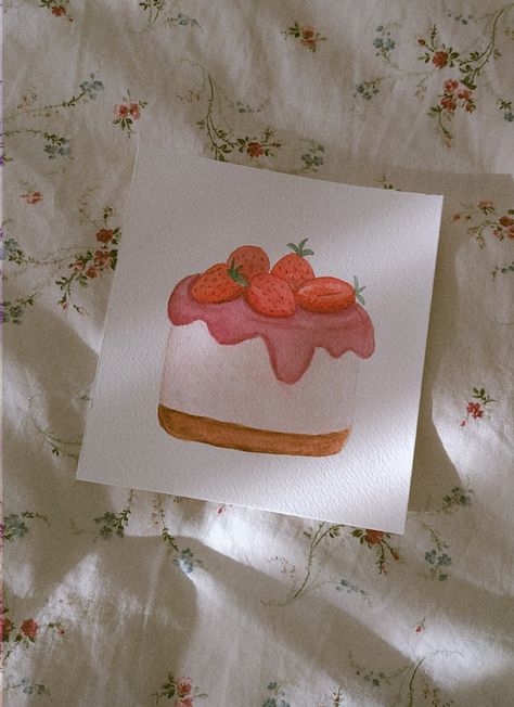 #cake #strawberry #drawing #watercolor Strawberry Cake Drawing, Doodle House, Journal Recipes, Paint Therapy, Strawberry Drawing, House Paintings, Pink Canvas Art, Cake Drawing, Cake Strawberry