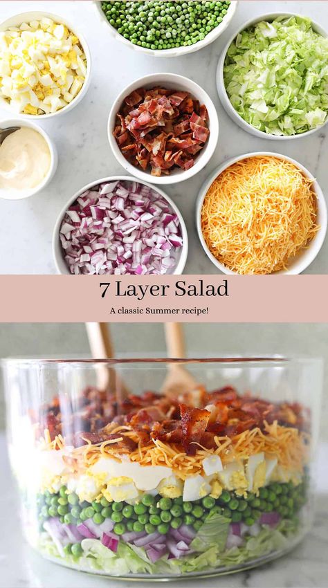 Best 7 Layer Salad, Layered Salad With Peas, Overnight Salad, 7 Layer Salad, Layer Salad, Seven Layer Salad, Layered Salad Recipes, Cold Salads, Salads Recipes