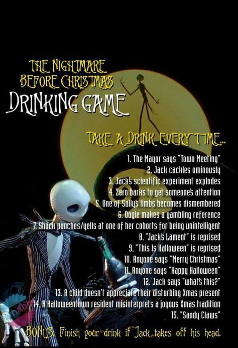 Nightmare before Christmas drinking game Funny Drinking Games, Halloween Drinking Games, Christmas Drinking Games, Tim Burton Personajes, Movie Drinking Games, Drinking Games For Parties, Fun Drinking Games, Christmas Drinking, Drinking Game